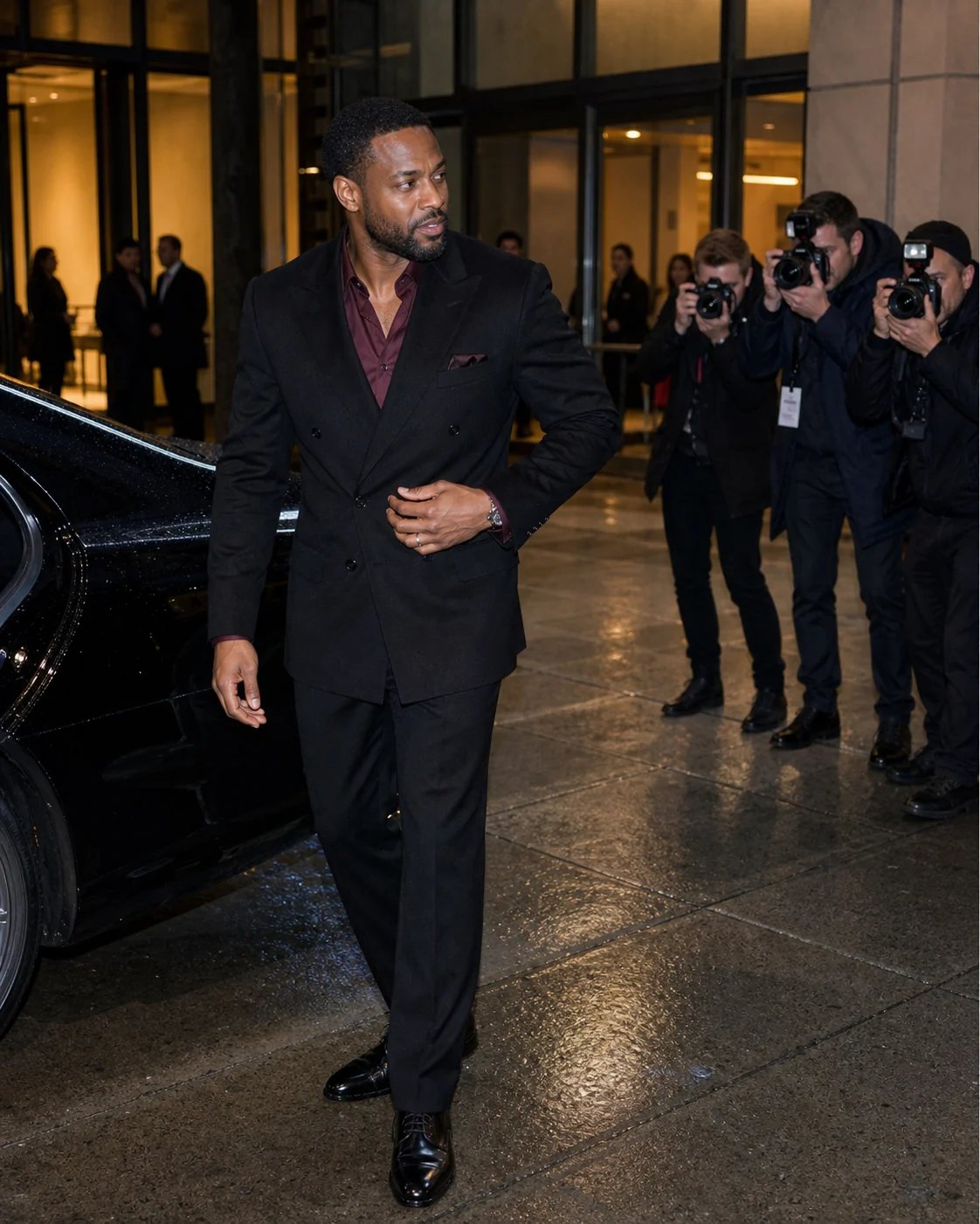 A man in a black suit stepping away from a car toward photographers outside a warm glass theater