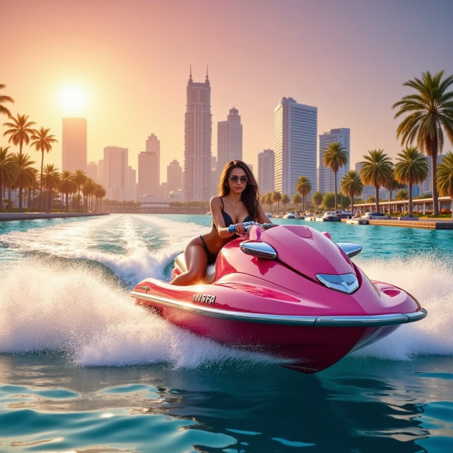 A wide-angle cityscape of Vice City during golden hour, where the sun casts warm amber light over palm trees and buildings. The sky fades from bright yellow near the horizon to soft pink and lavender hues above. Pastel-colored architecture glows with soft reflections. The whole scene feels serene yet vibrant — a Rockstar-inspired dreamscape in Miami tones.