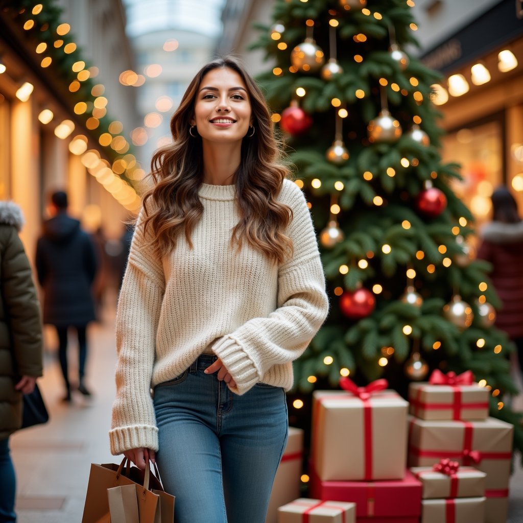 woman in casual, comfortable winter attire, such as a cozy sweater and fitted jeans, browsing through crowded shopping racks or holding shopping bags, surrounded by festive decorations and twinkling lights, with a joyful and relaxed expression, capturing the excitement and thrill of post-Christmas sales and Boxing Day activities.