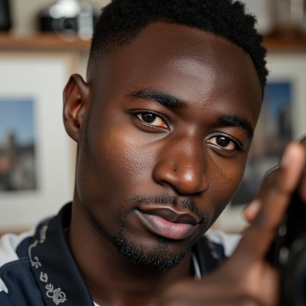 Stylized headshot of a photographer in action, mid-click with camera raised, blurred background, focus on intent gaze and posture, celebrating World Photography Day