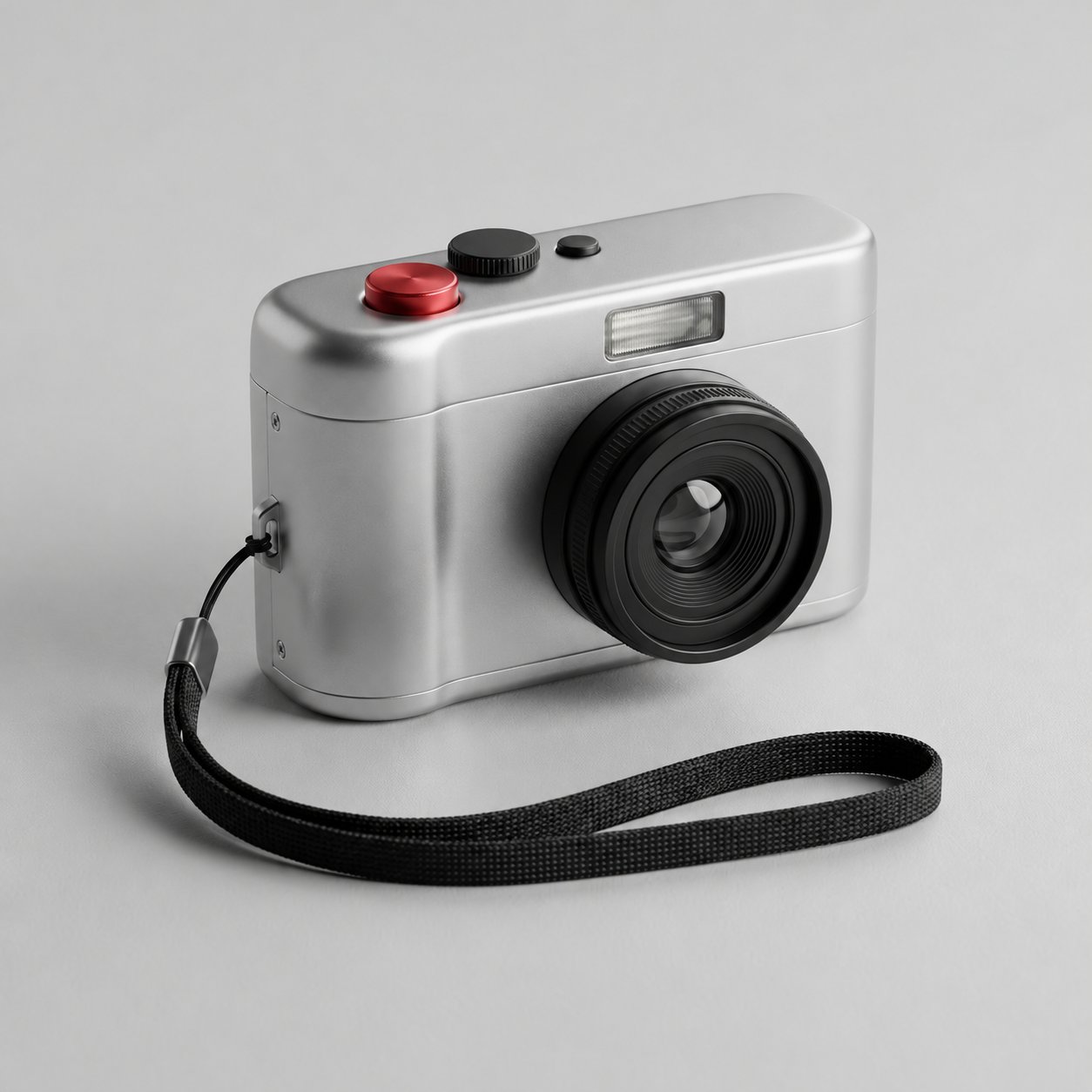 Reference photograph of a compact silver camera showing its front, top, and wrist
strap
