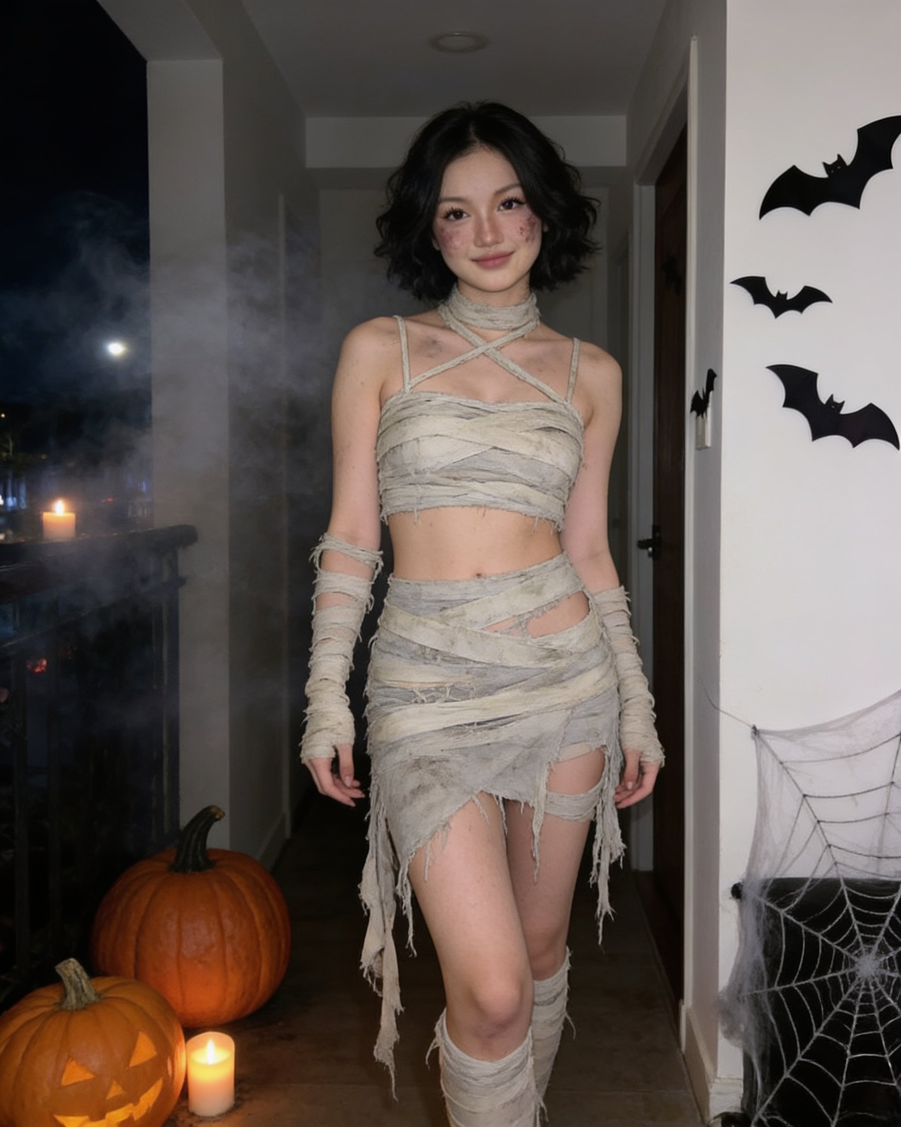 Use the uploaded reference image only to identify the woman’s facial identity. Create a completely new photograph of the same woman. Her hairstyle, makeup, facial expression, head angle, body pose, outfit, and surroundings must be different from the reference image.
The woman is wearing a bold, revealing mummy Halloween costume made from loosely wrapped, torn white gauze. The outfit has a tiny crisscross-wrapped crop top, thin gauze straps over the shoulders, an ultra-short asymmetrical mini skirt made from irregular overlapping bandage strips, and daring side openings that expose the waist and hips. Loose gauze hangs unevenly from the top and skirt. Her arms and one thigh have a few additional loose wraps, while most of her legs remain exposed. The outfit should look daring and fitted, not like a normal white dress.
Make the mummy costume genuinely creepy. The gauze is aged, dusty grey-white, frayed, tangled, and unevenly layered, with realistic dirt stains and a few subtle dried fake-blood marks. It should resemble old burial wrappings, not clean medical bandages or neatly arranged white fabric.
Give the woman unsettling mummy makeup: deeply smudged dark eyes, shadowed cheeks, slightly ashy-looking skin, and a few dirty, weathered marks across her face. The makeup should look hand-applied and imperfect, as if she got ready for a Halloween party at home. Avoid glamorous makeup or a polished model appearance.
The woman is standing casually in an ordinary home’s hallway, with a few visible Halloween decorations in the background: real-looking pumpkins, paper bats taped to the wall, and some fake cobwebs in a corner. The home should look lived-in, and the decorations should feel homemade and casually placed rather than professionally arranged.
The photograph looks like a friend spontaneously took it on an iPhone at night using the phone flash. The woman’s posture is relaxed and slightly imperfect, with a natural body angle and no deliberate fashion pose. Keep the entire outfit visible in a vertical full-body composition.
The final image should look like a real, unedited phone photograph of a woman dressed as a bold, creepy undead mummy at home.
Avoid a fashion photoshoot, studio lighting, cinematic colour grading, artificial background blur, elaborate haunted-house scenery, perfectly arranged bandages, a modest fully covered costume, glossy skin, exaggerated body proportions, and an artificial AI-generated appearance.