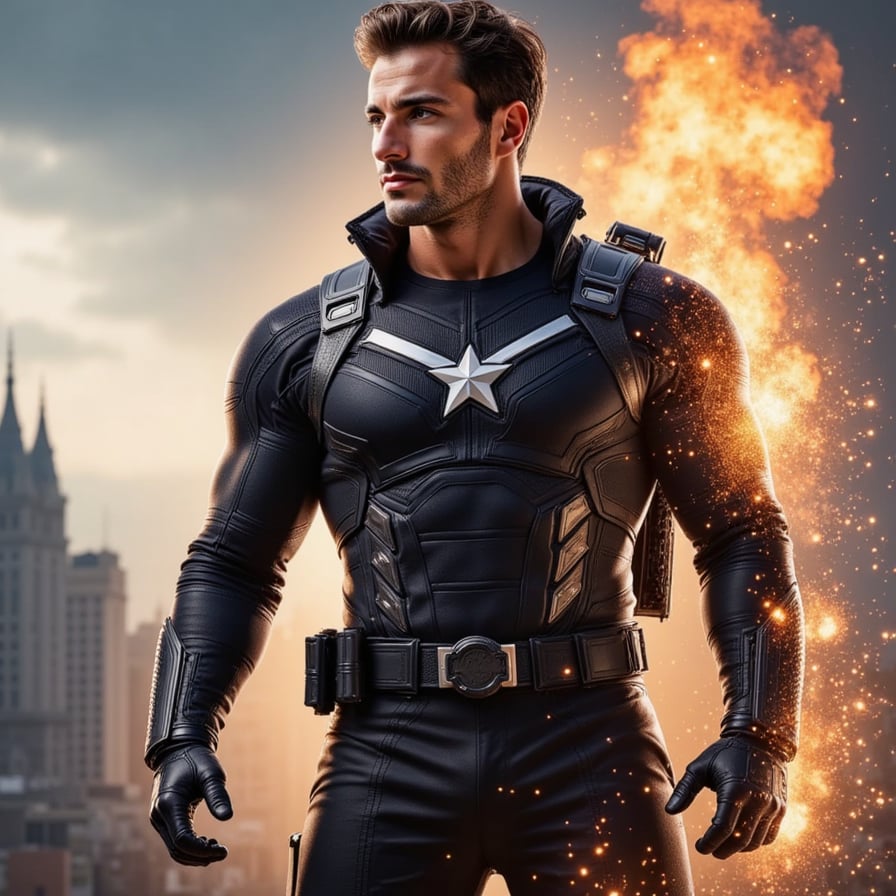 Modern male Avenger with tactical gear and reactive armor, backlit by explosions, ash particles in the air, determined eyes, stylized like a Marvel poster, photorealistic, cinematic lighting