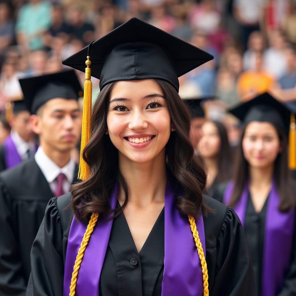 Waist-up portrait of a woman graduate smiling proudly while facing the camera, with blurred classmates in gowns in the background forming subtle color bokeh; she wears a black gown, deep purple stole, and honor cords (gold); soft curled hair falling over one shoulder, mortarboard slightly tilted; camera slightly above eye line, 105 mm lens, f/1.8; soft natural lighting, overcast daylight providing even illumination; shallow depth isolates her face; background softly colorful but uncluttered; fine details: woven cord texture, stitching along stole hem, lashes and reflections in the eyes; tone balanced, lifelike color, highly detailed, highly realistic, HDR finish.