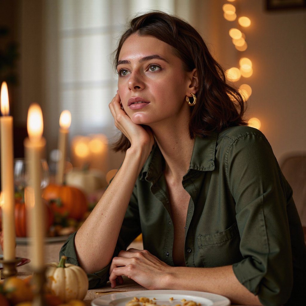 Highly realistic, highly detailed, hyperrealistic HDR close-up portrait of a woman (female, ~30 yrs) leaning slightly forward across a Thanksgiving dinner table. Camera positioned slightly lower (~−5°) to capture her soft gaze upward. She wears a dark green silk blouse, sleeves visible at edge of frame, and simple gold hoop earrings. Warm candlelight and soft ambient lighting merge across her skin creating smooth gradients. Background softly blurred — just the impression of autumnal centerpieces and bokeh from hanging bulbs. Visible reflections in her eyes and fine highlights in hair. Thanksgiving glow, soft warmth. HDR, high resolution, high quality, highly detailed, photorealistic.