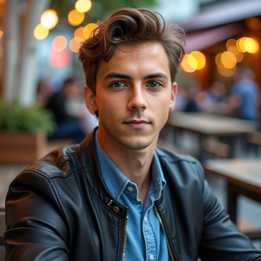 man in a relaxed social setting, such as sitting on a bench or leaning against a railing. He has a confident smile or a thoughtful expression, dressed in trendy casual wear like a leather jacket or denim shirt. The lighting adds warmth and highlights his natural appeal