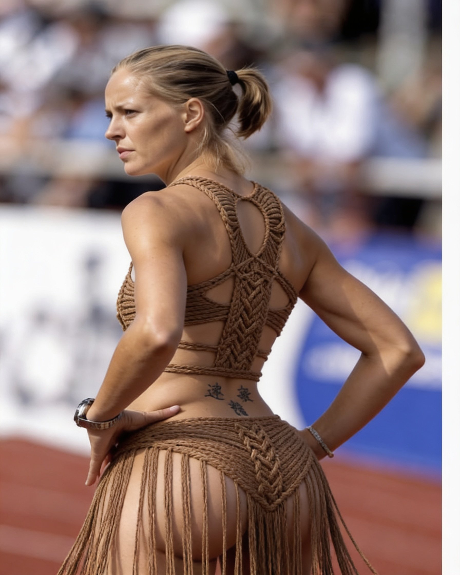 Put the brown macramé outfit shown on the RIGHT directly ON the woman shown on the LEFT. The brown outfit must NOT appear separately anywhere in the final image. Replace her current clothing only. Keep the exact braided rope design, cutouts and long hanging tassels, naturally fitted to her existing body and pose. Keep the same woman, face, hair, body proportions, skin tone, pose and stadium background unchanged. Slightly widen the original camera framing only as much as needed to show the long tassels continuing downward. Final image must contain ONLY ONE woman wearing the brown macramé outfit — no separate dress, no mannequin, no second reference object, no collage.