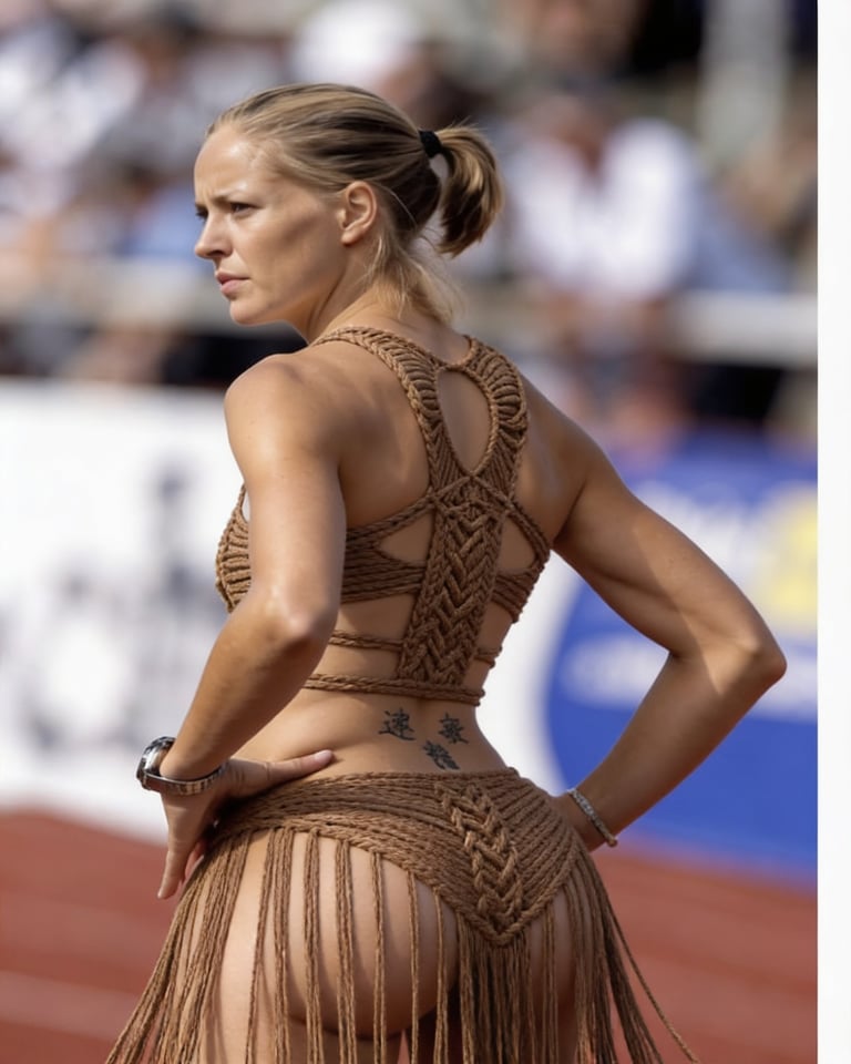 Put the brown macramé outfit shown on the RIGHT directly ON the woman shown on t