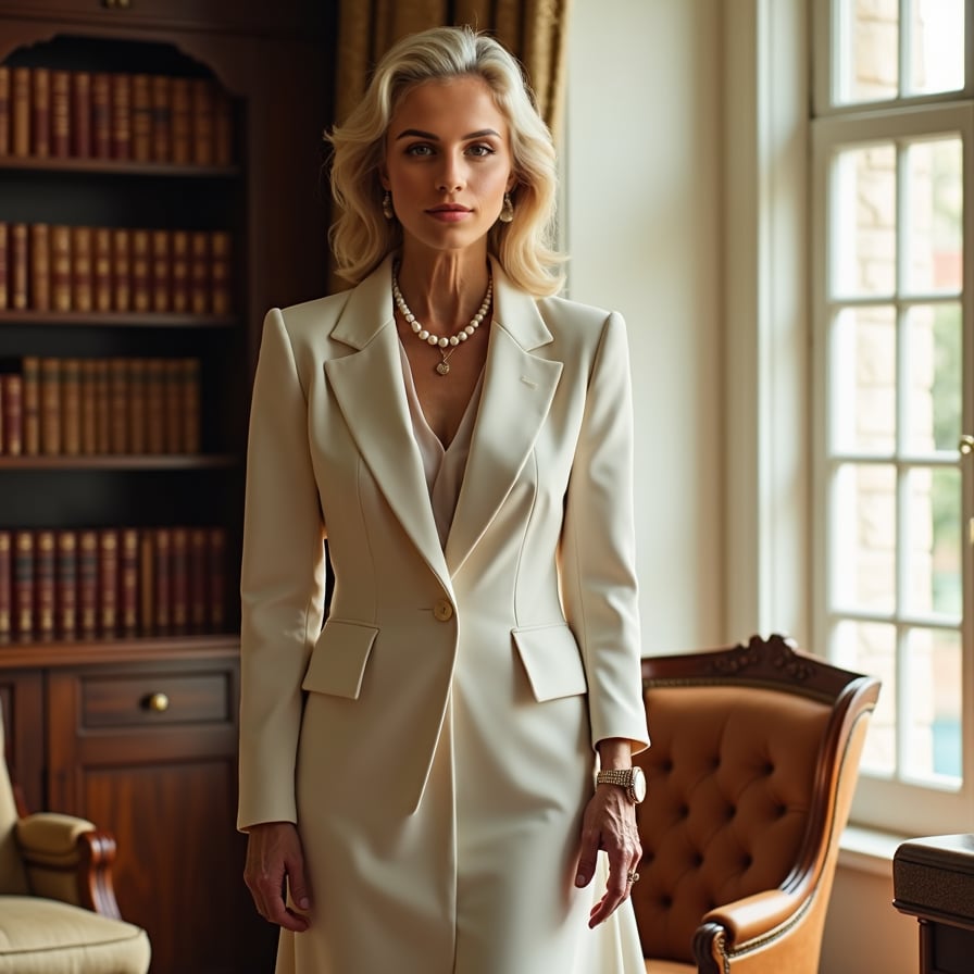 woman radiating old-money grace. She is standing near a large window with natural light streaming in, wearing a timeless outfit like a tailored blazer or a flowing gown. The background is clean and refined, with soft, luxurious textures that complement her polished look