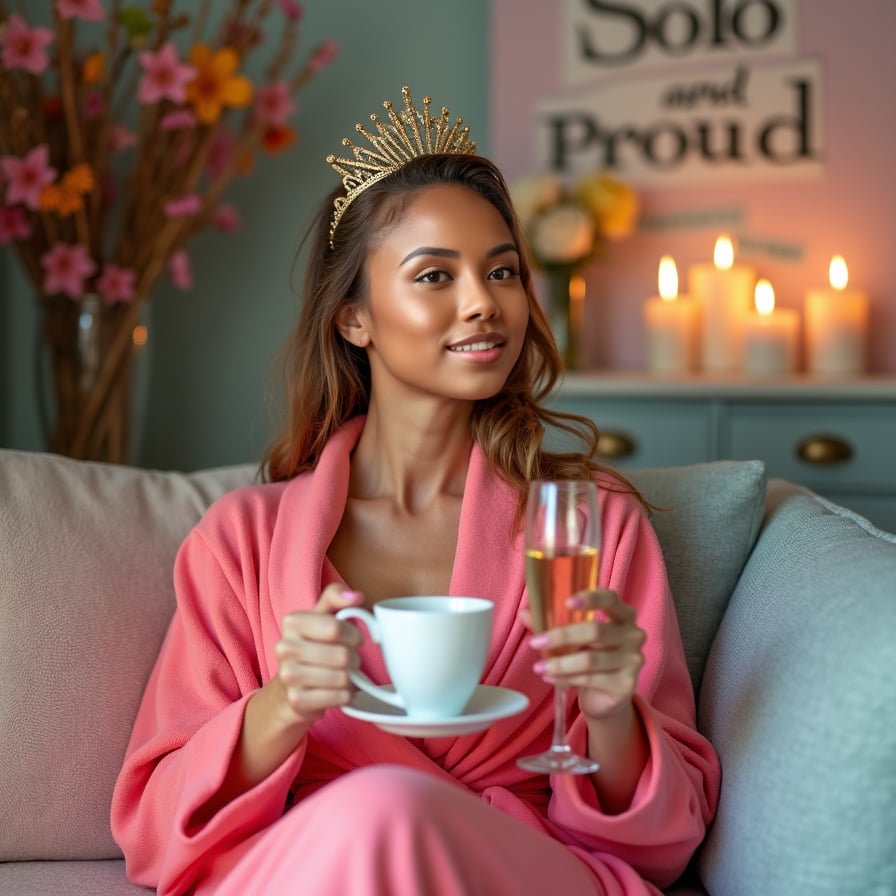 Capture a relaxed moment in a robe with a face mask on, holding a cup of tea or champagne.