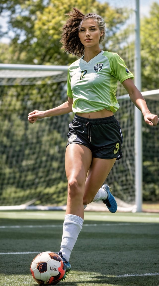 Athletic woman playing soccer, dynamic pose, sunlit field.