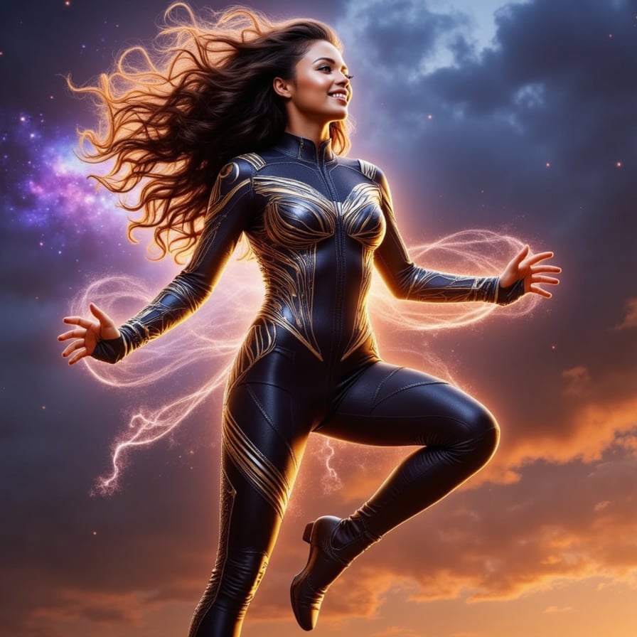 Stylish female hero channeling cosmic power, dynamic pose mid-leap, galaxy swirling in her cape, metallic armor with gold-infused circuitry, blazing horizon, Marvel comic-to-film realism
