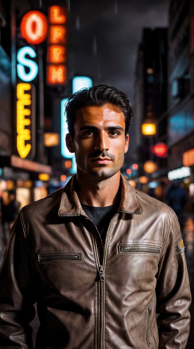 Rugged man, cybernetic implants, neon-lit cyberpunk cityscape, intense gaze.