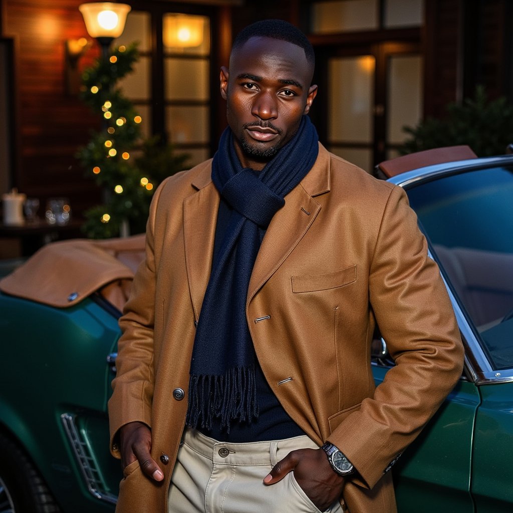 Man leaning against a deep-green vintage convertible parked near a pine-lined driveway, subtle snowfall. Hairstyle: slicked back with matte finish, short beard trimmed. Attire: camel wool coat, navy cashmere scarf. Fabric details: crisp wool texture, fine cashmere fibers. Camera: slightly low angle, 35mm, f/2.0 for cinematic perspective. Lighting: cool blue dusk ambient + warm reflection from nearby holiday lights. Background: blurred evergreen garlands wrapped around lampposts, faint glow of mansion windows. Pose: relaxed, one hand in pocket, the other on car edge. Render: highly detailed, highly realistic, HDR; reflections visible on coat buttons and car chrome.
