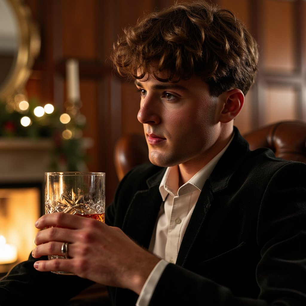Man seated in a leather armchair holding a crystal glass of cognac, face turned toward a faint light source. Hairstyle: short, side-swept with soft sheen; neatly trimmed beard. Attire: charcoal velvet dinner jacket, crisp white shirt, no tie. Fabric details: velvet reflection on lapel edges, fine cotton weave on shirt. Camera: close portrait, 105mm, f/2.0 for cinematic intimacy. Lighting: single warm lamp key, soft shadow falloff; golden tones on skin. Background: blurred mahogany panels, faint fireplace glow, subtle garland reflection. Pose: relaxed yet composed, faint half-smile.
Render: highly detailed, highly realistic, HDR; reflections in glass, skin warmth from light, fine texture detail.
