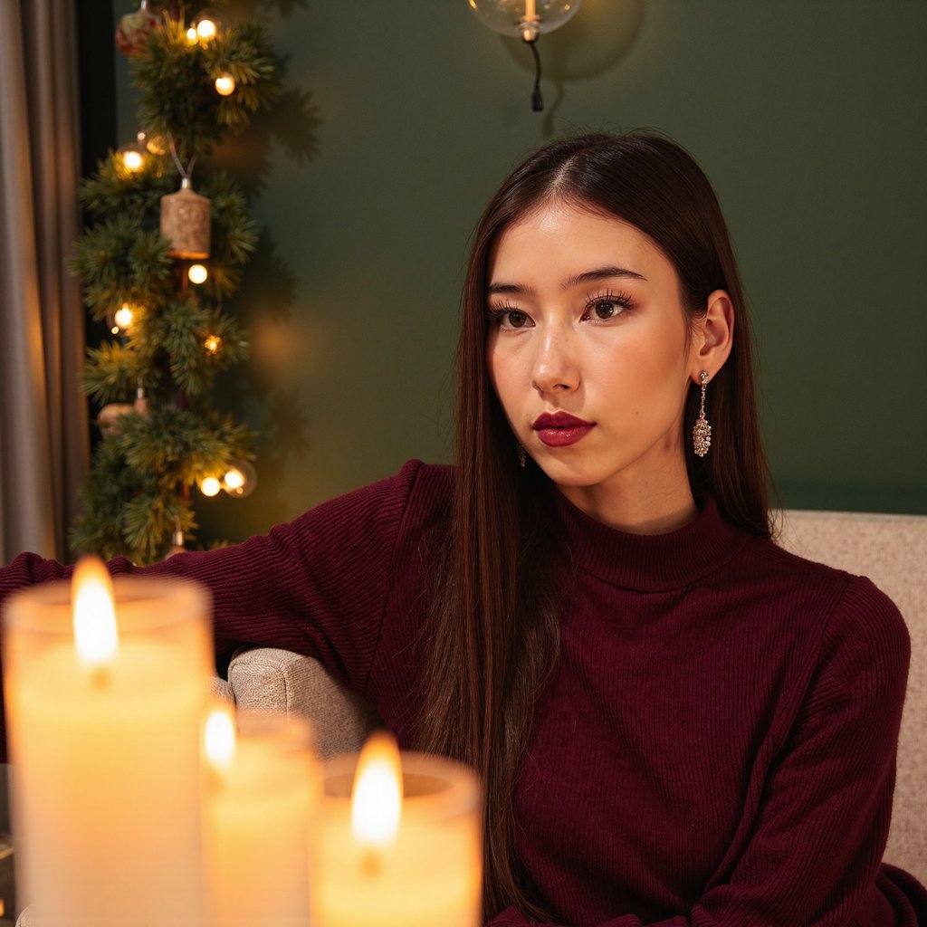 Headshot of a woman seated beside several blurred candles, positioned on the left side of the frame (rule of thirds). She wears a burgundy velvet mock-neck top with visible velvet grain.
Hair: sleek straight hair with a middle part, tucked behind both ears.
Makeup: warm bronze eyeshadow, soft wing, glossy berry lips, subtle candlelit highlight on cheekbones.
Lighting: warm candlelight key with gentle flickering reflections; soft diffused fill from camera-right to balance shadows.
Background: matte dark green wall with minimal décor—just a blurred evergreen garland; minimal clutter.
Camera: 100mm macro portrait, f/2.8; highly realistic, highly detailed, HDR, revealing velvet fibers, natural skin texture, and candle reflections.
