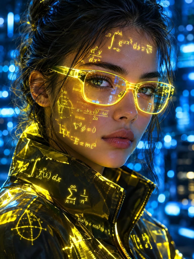 A futuristic cyber-aesthetic portrait of a young woman wearing glowing neon-yell