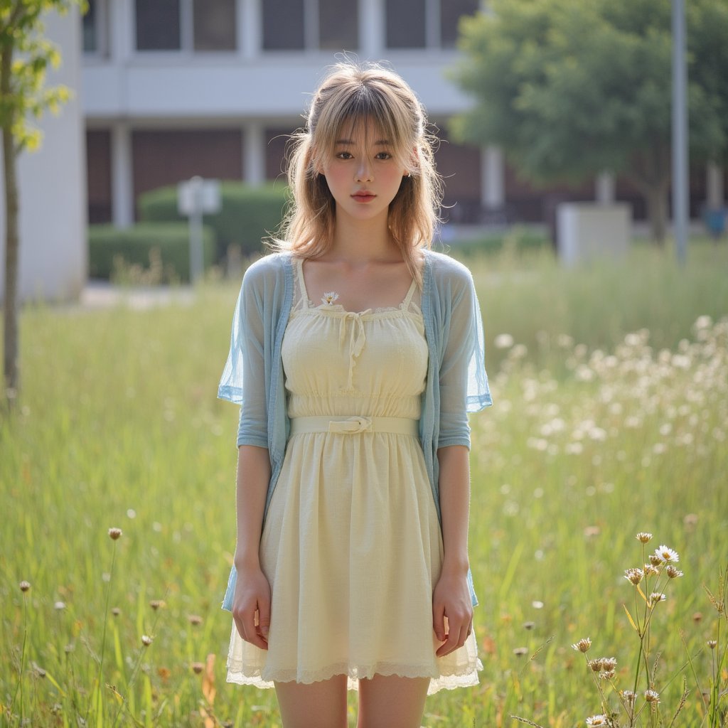 Ultra-realistic 1960s senior girl portrait taken outdoors in a meadow near the school, framed from the waist up with a 55mm lens at f/2 for creamy bokeh. She wears a pastel yellow A-line dress in lightweight cotton, the weave faintly visible, with a thin white belt cinching the waist. A lightweight cardigan in pale sky-blue is draped loosely over her shoulders. Her blonde hair is styled in a half-up twist with curled ends, a small white daisy tucked into one side. Her expression is serene, lips softly parted, gaze lowered toward the ground as if lost in thought. Sunlight filters through tall grass, casting delicate shadows along her dress and forearms. Background is a warm blur of wildflowers and school fencing far in the distance, barely perceptible.