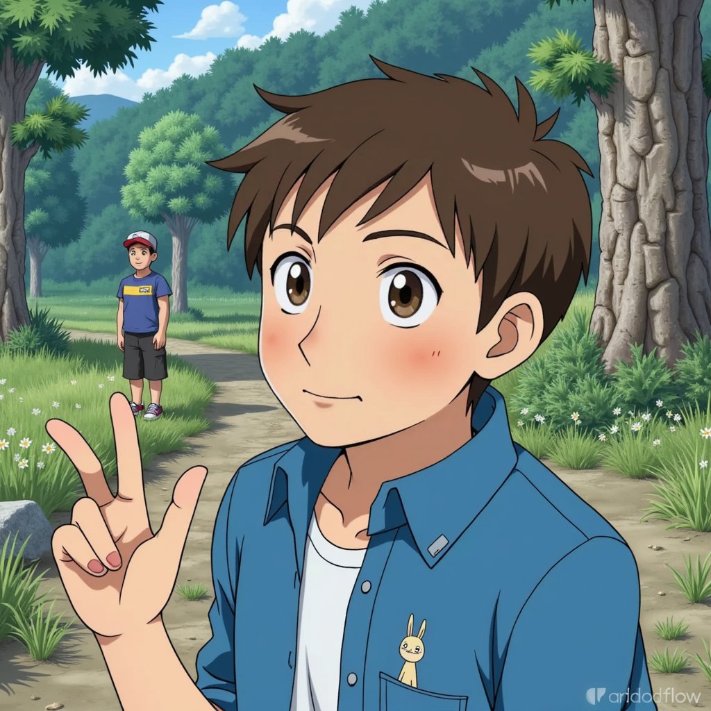 Man in a faithful recreation of an iconic Studio Ghibli scene, matching the original colors, composition, and animation style.