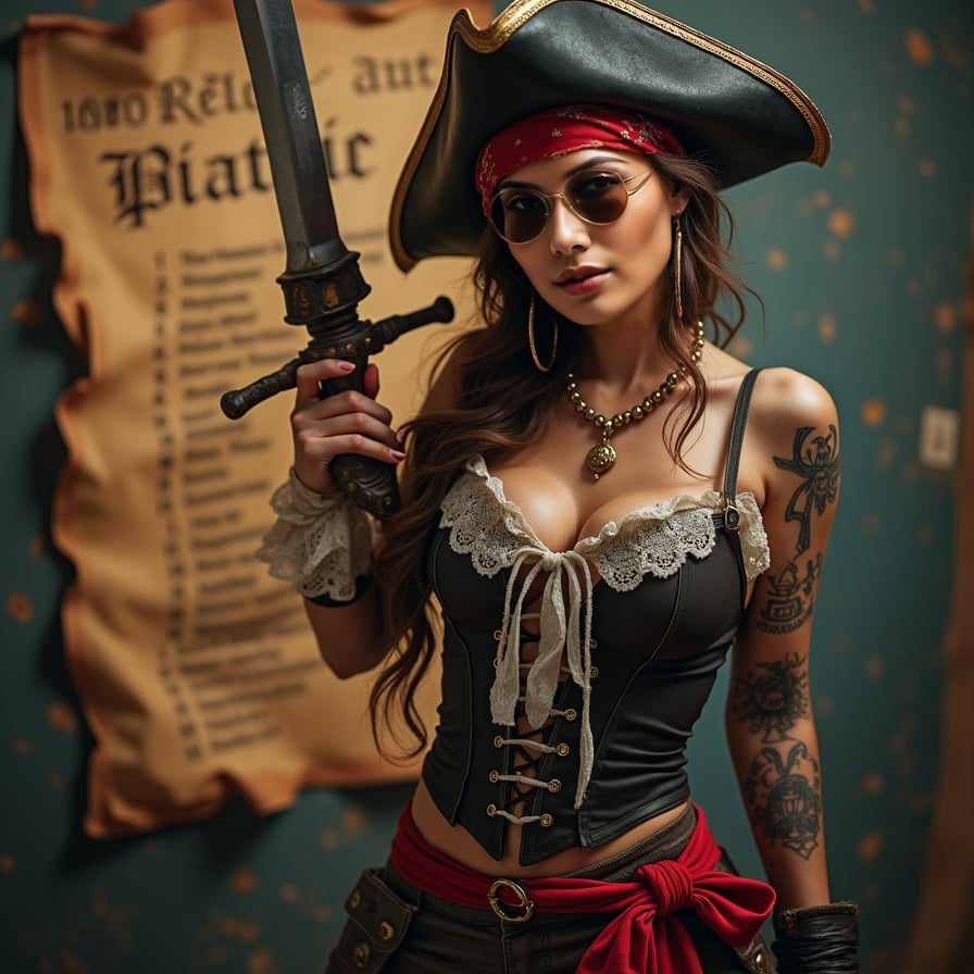 woman in a bold, provocative pirate costume, complete with a fitted corset, flowing pirate pants, and a bandana, posing seductively with a fake sword and a treasure map in the background, capturing the essence of swashbuckling adventure and pirate charm, dramatic lighting with a warm color tone, posing for a poster.