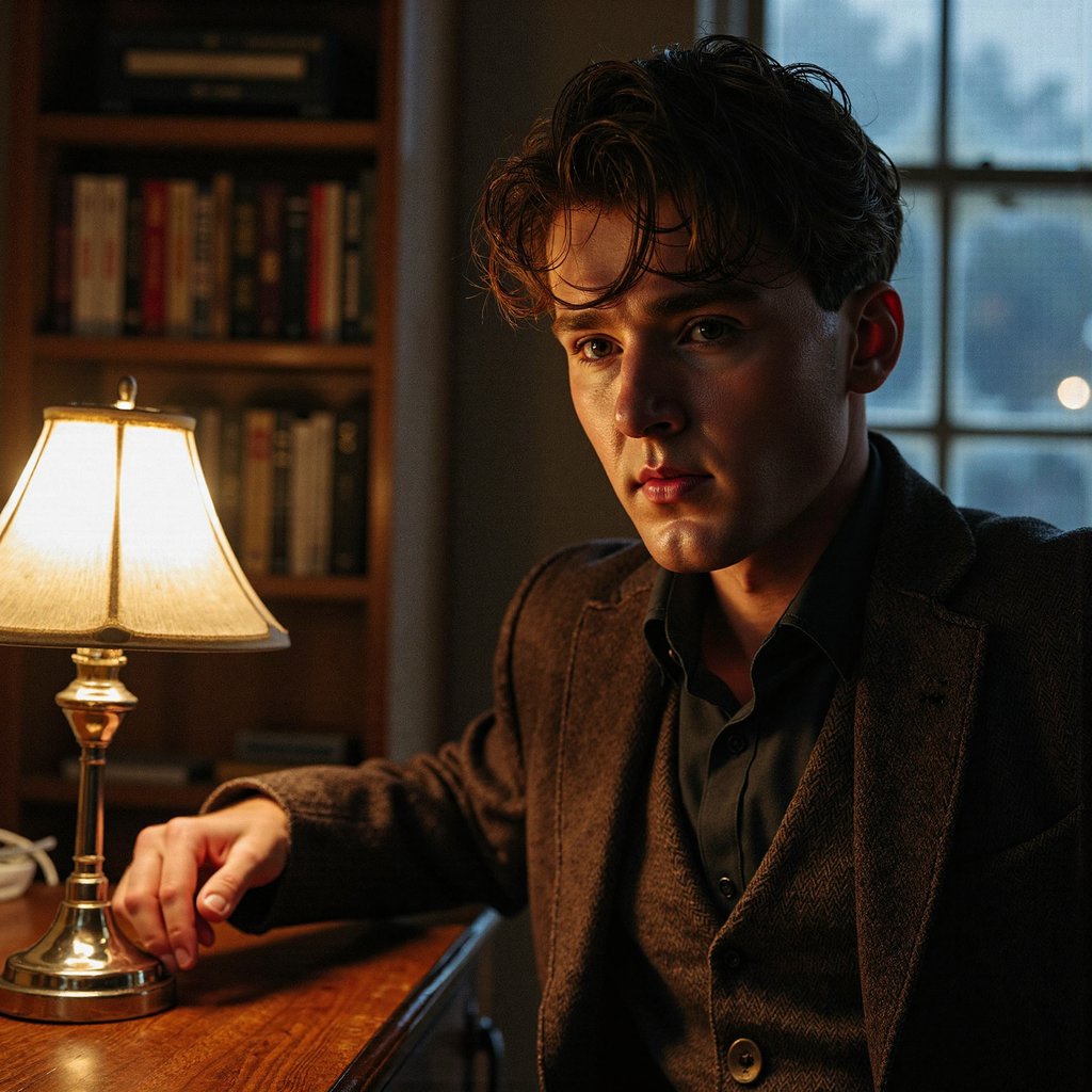 Wide shot from a slightly low angle, 24 mm lens, f/4, ISO 400, 1/60 s. The primary light source is a tall oil lamp on the desk to his left (camera-right in frame), positioned just above waist height. This produces a warm, directional glow across the left side of his torso, face, and the closest bookshelf edge. Shadows fall naturally to his right, stretching across the floor and slightly backward toward the far shelves, consistent with the lamp’s position. The secondary light source is moonlight streaming through a clerestory window directly above and behind him, entering at a steep angle and catching the top edges of bookshelves and his hairline, producing a cool, faint rim. The two light temperatures — warm from the lamp and cool from the moon — mix realistically on the tweed waistcoat (herringbone pattern visible where the lamp’s light is strongest) and brass collar bar (small specular highlight at lamp angle). Hair is neatly side-parted, with flyaways illuminated by the moonlight rim. His right hand trails along the spines of books, casting a soft shadow on the shelf immediately behind. Depth of field keeps him and the nearest bookshelves sharp, while the far wall fades slightly due to atmospheric haze, giving a sense of depth without inconsistent shadow geometry. Highly detailed, highly realistic, HDR.