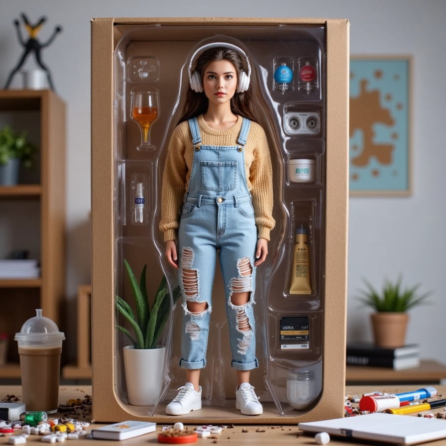 A stylish female action figure with paint-stained overalls, headphones on, standing in front of a cluttered craft table. Scattered around: paint tubes, a sketchpad, iced coffee, a mood board.