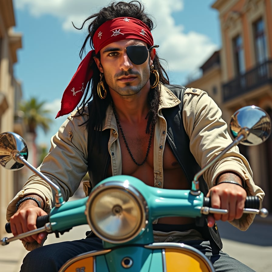 man gripping handlebars of a Vespa scooter, dressed in casual riding gear, against a scenic urban backdrop