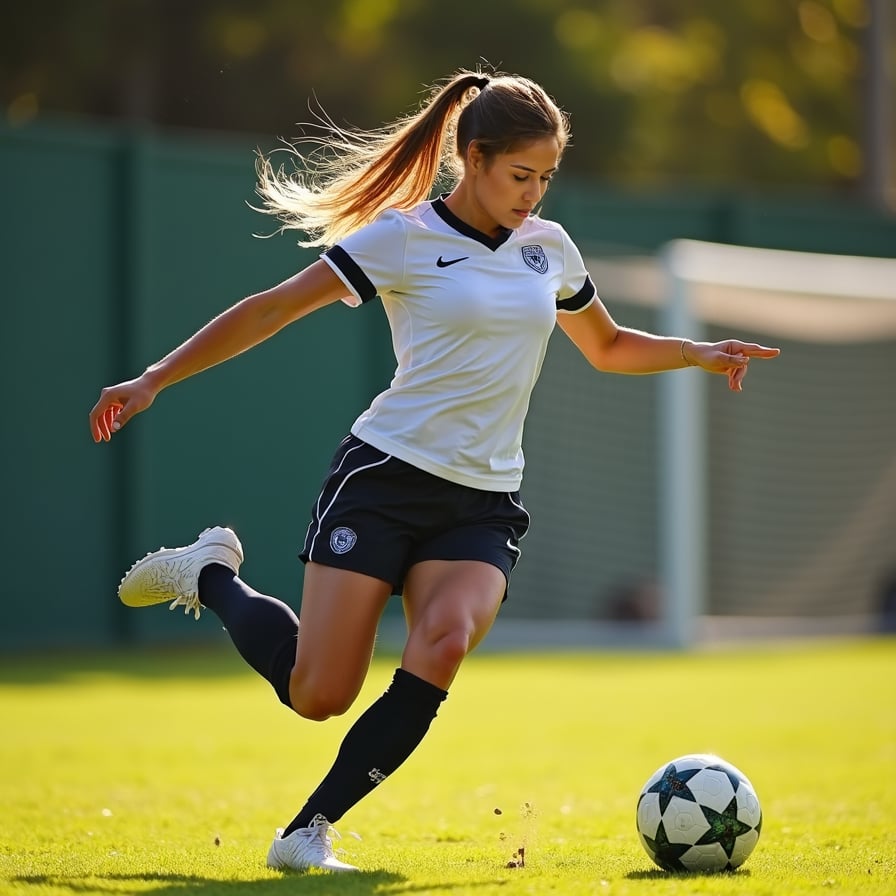 woman in athletic wear, long ponytail, focused expression, taking a corner kick on a sunny day, green grass and goalposts in the background, dynamic pose with one leg bent and the other extended, ball flying through the air