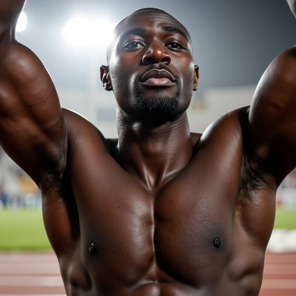 Knee-up portrait of a high jumper mid-celebration after a successful jump, arms raised, dust rising around feet, bright stadium lights in back