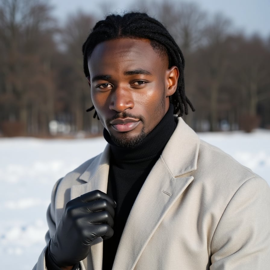 A man with tan skin and sharp jawline is captured waist up in a high-fashion editorial style in a snowy open field. He has medium-length, slightly messy dark hair swept back, a short groomed beard, and intense eyes facing slightly away from the camera, giving a serious, editorial expression. He wears a long, tailored light gray overcoat with a structured shoulder line over a black turtleneck, and a thin black leather glove on one visible hand resting lightly on his coat lapel. The coat fabric has visible fibers and precise seams.
Camera angle is three-quarter view, positioned slightly to his right and at chest height, so we see one side of his face more prominently. Lighting is soft and overcast, typical of a cloudy winter day, with gentle, diffuse light evenly illuminating his features and creating a subtle contour on his face. The background consists of a vast snowy field with faint, blurred silhouettes of bare trees in the distance, kept very minimal, with a shallow depth of field so the main focus is on his face and outfit.
Snow is settled lightly on his coat shoulders and hair, with a few individual flakes crisp near his collar. His skin shows subtle pores, natural shadows under the eyes, and a realistic sheen on the lips. The overall look is clean, minimal, high-end fashion in winter, highly realistic, highly detailed, HDR, high resolution cinematic winter fashion portrait.