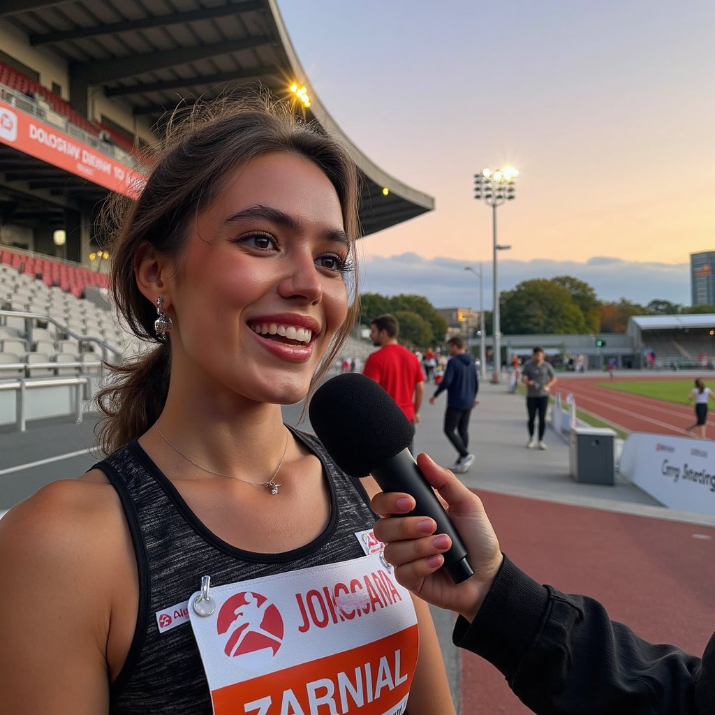 Headshot of a smiling athlete being interviewed trackside, race bib still pinned, hair messy from race, handheld mic visible — post-event celebration moment