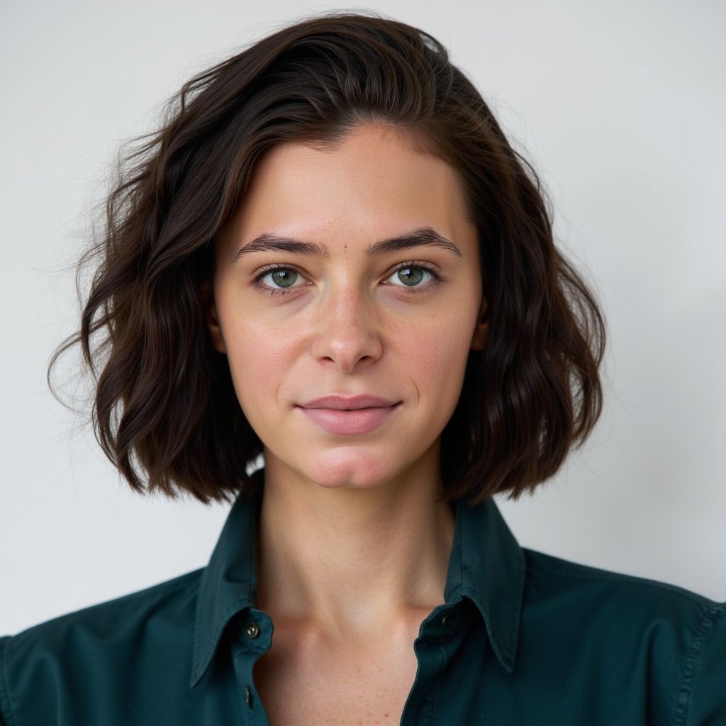 A highly realistic, highly detailed HDR professional passport photo of a woman in her early 40s. She has curly black hair styled in a neat, controlled shoulder-length look, gently pulled back to reveal facial contours. She wears a dark emerald blouse with a soft silk-like sheen. The lighting includes soft frontal illumination plus a subtle hair light behind her, adding separation from the pure white background. Background is solid-white with no shadows. Camera angle is straight and centered. Her expression is neutral, lips relaxed. The portrait captures exquisite details including the fine sheen on the blouse, the texture of individual curls, and natural skin highlights. Extremely polished and suitable for documentation.