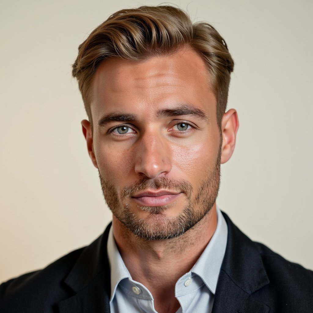 A highly detailed, highly realistic HDR headshot of a man in his mid-30s, photographed waist-up but framed tightly for passport use. He has sandy blonde hair styled neatly with a side part and a short stubble beard. He wears a light gray button-down shirt made of soft linen, with visible fiber patterns and natural folding. The lighting is warm and even, enhancing natural skin tones while avoiding shadows. Background is a smooth cream-colored studio backdrop with zero texture. Camera is straight at eye level, capturing a symmetrical, neutral, official expression. Micro-details such as linen texture, beard hairs, and subtle facial highlights are exceptionally crisp. Clean, calm, and very professional.
