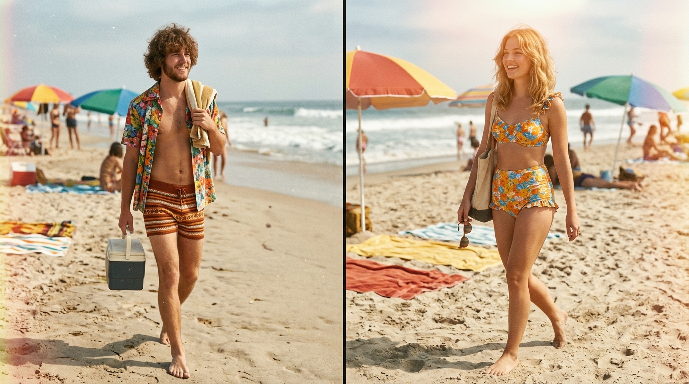 Hyper-realistic photograph styled after 1970s Kodak Portra film stock, young woman standing on a sunny beach in a retro high-waisted two-piece swimsuit, hair loose and slightly windblown, candid relaxed half-smile, strong sun flare breaking across upper right of frame, slightly overexposed sky in upper third, faded warm color palette, subtle film grain texture throughout, striped beach umbrella and vintage beach bag in soft focus behind, 35mm vintage lens character at f/4.0, nostalgic editorial photography, magazine cover quality