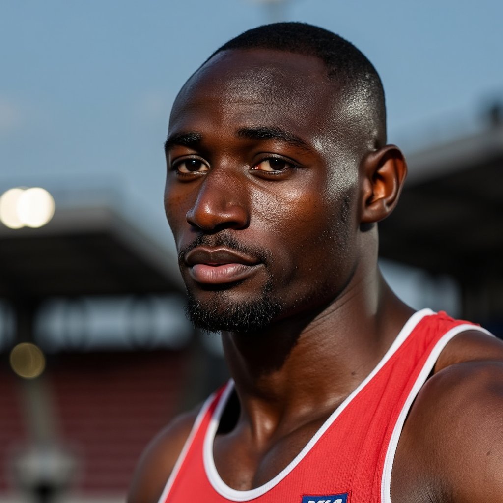 Headshot of a javelin thrower mid-focus before the throw, face calm but intense, sky and stadium in soft blur behind, athlete in national jersey