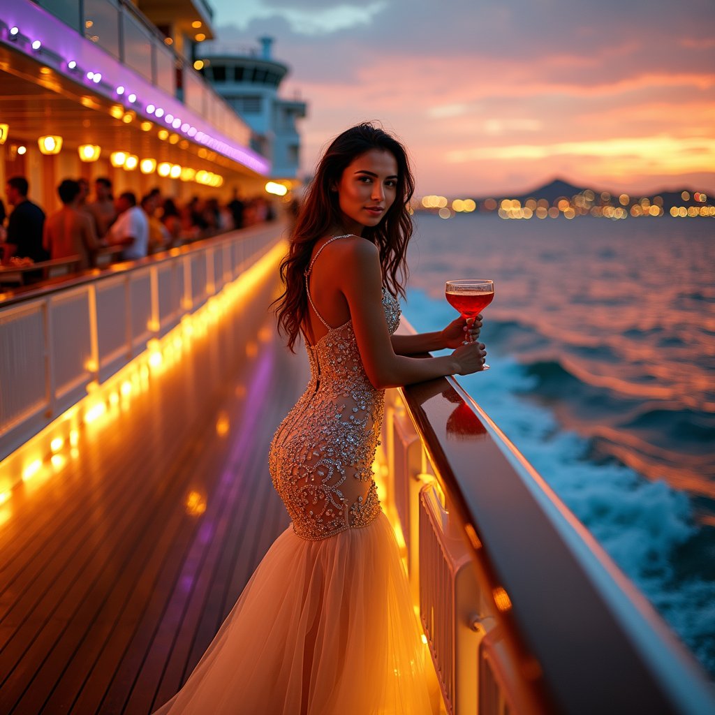woman in a figure-hugging, floor-length evening gown, adorned with sparkling diamonds and pearls, reclining seductively on the luxurious cruise ship's interior, posed against a vibrant backdrop of flashing neon lights, dancing people, and thumping music, surrounded by warm golden lighting, glittering ocean waves, and a majestic city skyline in the distance.