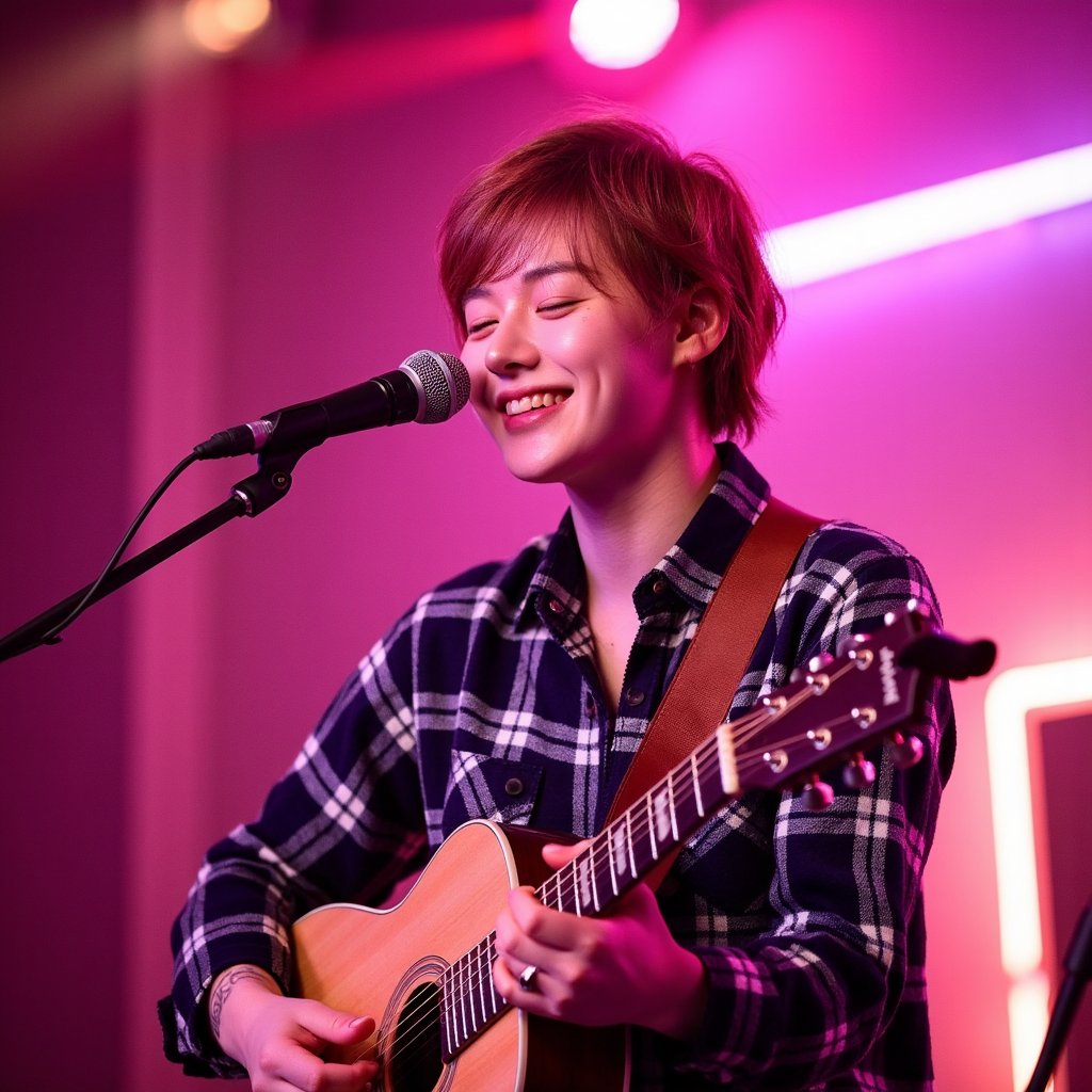 Portrait of an indie singer mid-song, eyes closed, gentle expression, soft stage spotlight on face, wearing plaid shirt with guitar strap visible — Ed Sheeran Play vibe