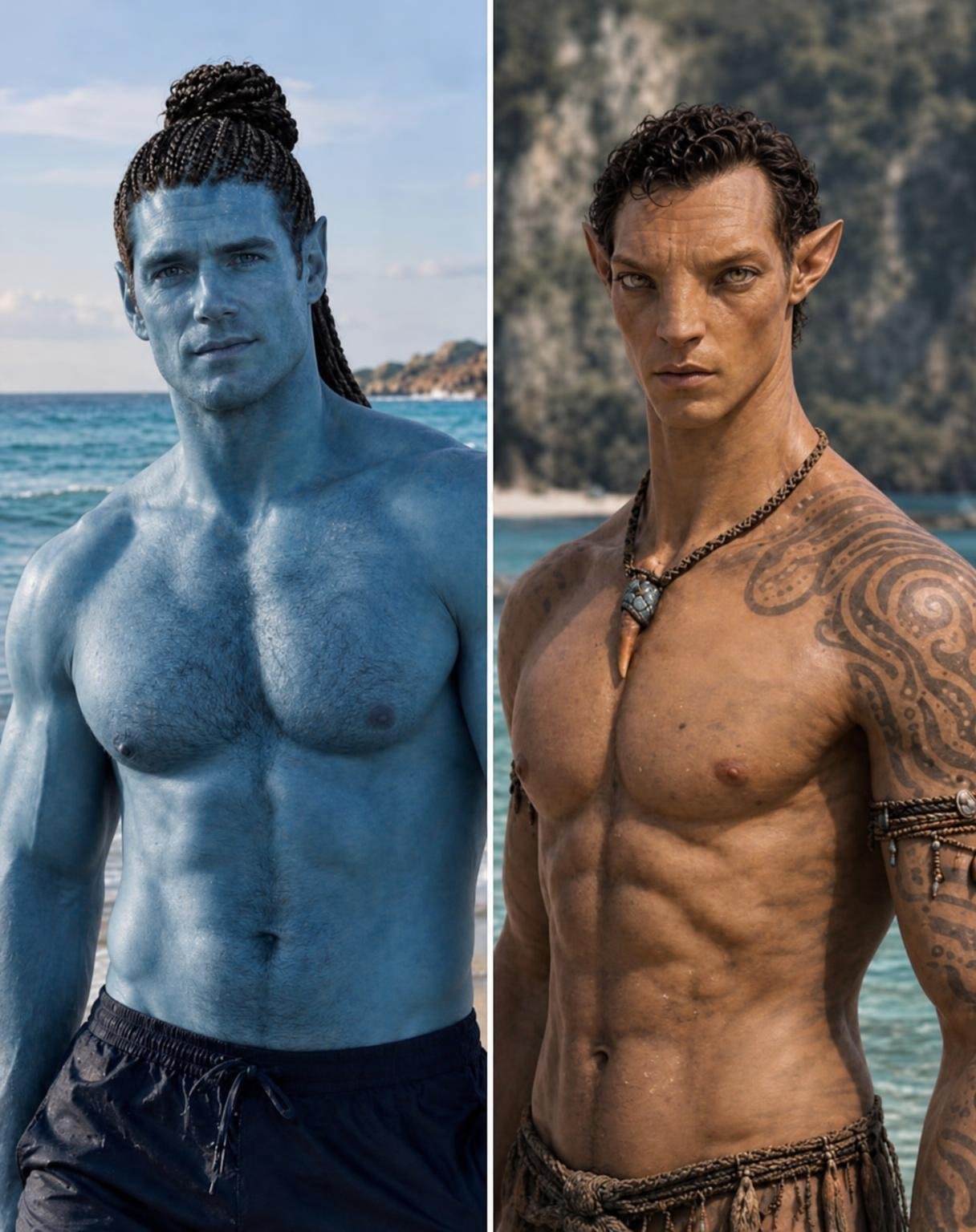 Edit the uploaded two-panel collage directly. Perform a STRICT RECIPROCAL SWAP of ONLY skin colour and hairstyle between the two subjects.
LEFT PANEL — Henry Cavill:
* Preserve Henry’s exact original face, facial features, expression, body proportions and pose.
* Replace his entire natural skin tone with the Na’vi’s exact blue skin colour, consistently across his face, neck, chest, arms and abdomen.
* Replace his short curly hair with the Na’vi’s exact braided hairstyle, including the braided top bun and long braids.
* Keep his human ears and original facial anatomy unchanged.
RIGHT PANEL — Na’vi:
* Preserve the Na’vi’s exact original facial structure, pointed ears, eyes, expression, body proportions, tattoos, accessories and pose.
* Replace his entire blue skin tone with Henry’s natural human skin tone, evenly across his face, neck, chest, shoulders and arms.
* Replace his braided hairstyle with Henry’s exact short, dark, curly hairstyle.
* Preserve the Na’vi’s distinctive facial identity. Do not turn him into Henry Cavill.
CRITICAL: Swap only skin colour and hairstyle, NOT faces, identities, anatomy, poses or backgrounds. No incomplete recolouring, blue patches, face morphing or artificial hair.
FINAL OUTPUT: Exactly ONE photorealistic 4:5 side-by-side collage with TWO equal vertical panels. Henry on the left, Na’vi on the right. Preserve the original composition and backgrounds. No additional images, text or panels.