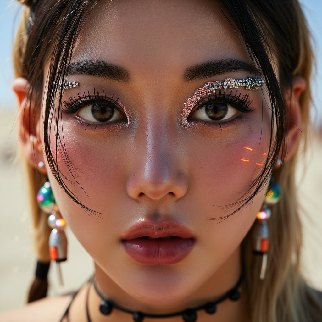 Close-up headshot of a cyber-tribal woman with face jewels and LED earrings, dramatic eye makeup, sandstorm background, Burning Man aesthetic