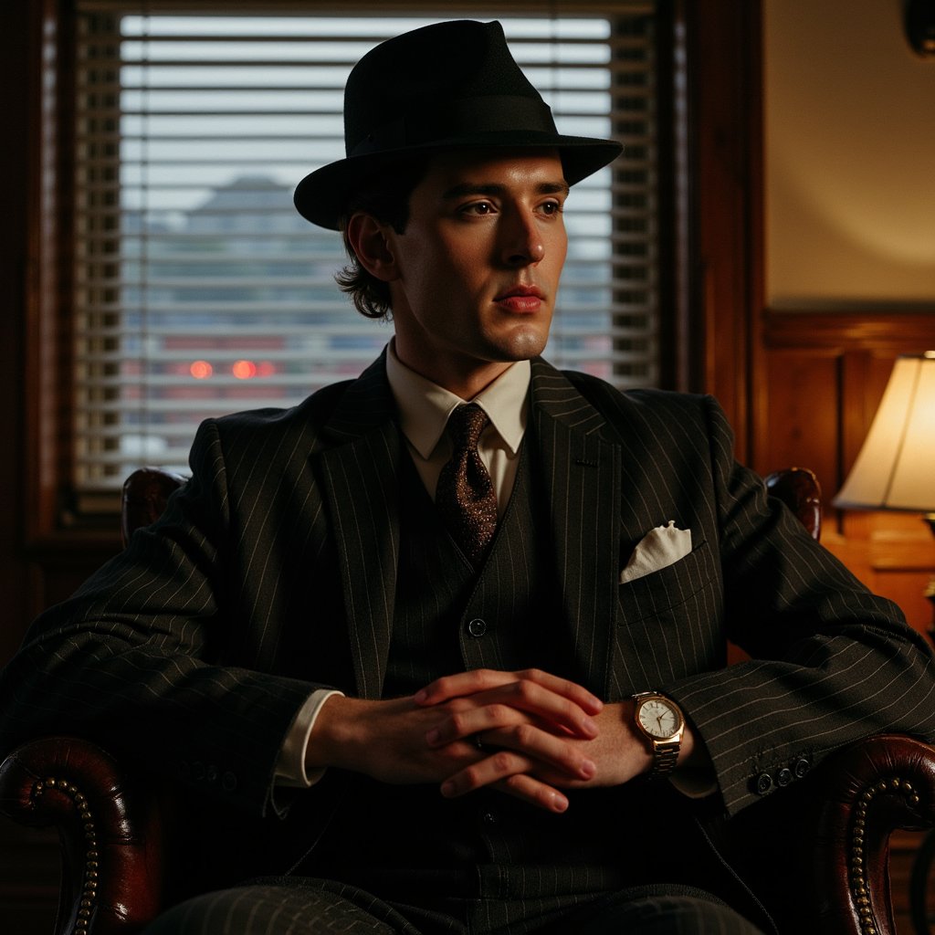 Medium portrait, 50 mm f/2, slightly low angle: boss at a window with venetian blinds, strong side light carving lines across face and lapels; hair in precise side part, clean shave, faint crow’s feet; charcoal chalk‑stripe suit (distinct chalk fibers), cream pocket square, vintage gold watch; stance: shoulders square, hands clasped at waist; background = blinds and a distant city glow out of focus, minimal objects on sill.