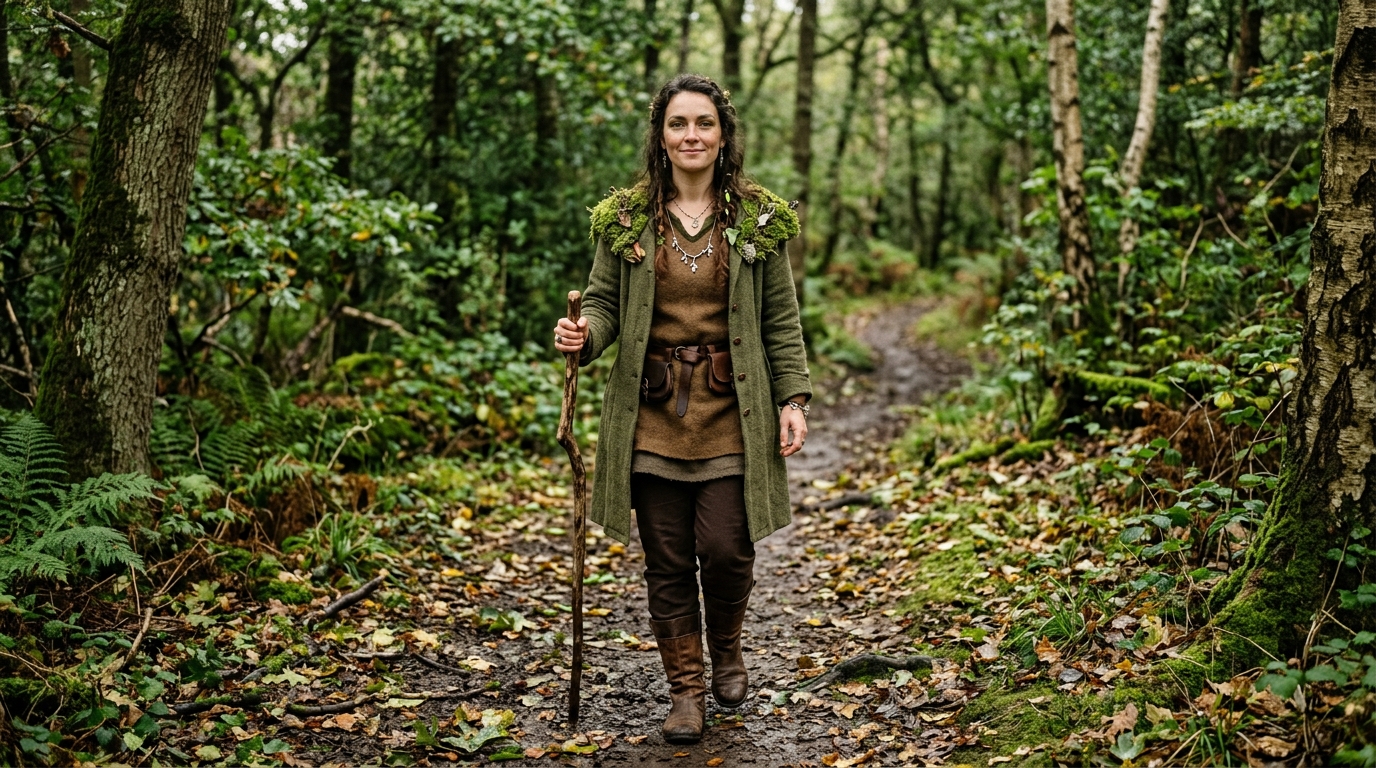 Wearable forest spirit costume in earthy green layers