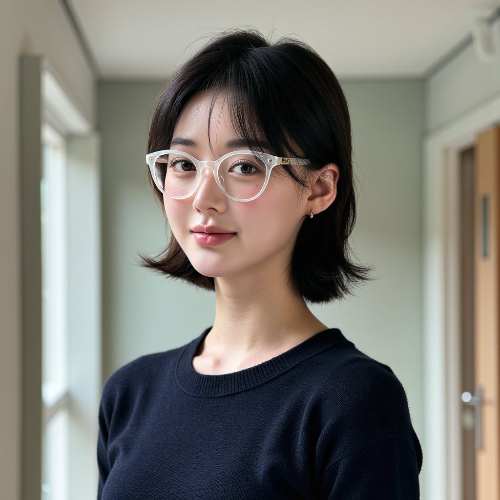 Hyper-realistic 1960s senior portrait of a girl wearing bold, upswept cat-eye glasses with translucent pearl-white frames, captured chest-up with an 85mm lens. Her hair is styled in a smooth bouffant with curled ends, parted slightly to the side, each strand meticulously detailed. She wears a dark navy wool sweater with fine ribbing along the neckline, subtle fuzz on the fabric visible in HDR clarity. A small gold heart pendant rests on the collarbone, catching a pinpoint highlight. Her complexion is porcelain with light freckles across the nose and upper cheeks, faint blush, and a natural satin sheen across the forehead. Lips are matte rose-pink, closed in a gentle, confident smile. Studio lighting from the left casts soft shadows under the chin and cheekbones, with a muted charcoal-grey backdrop providing depth without distraction.