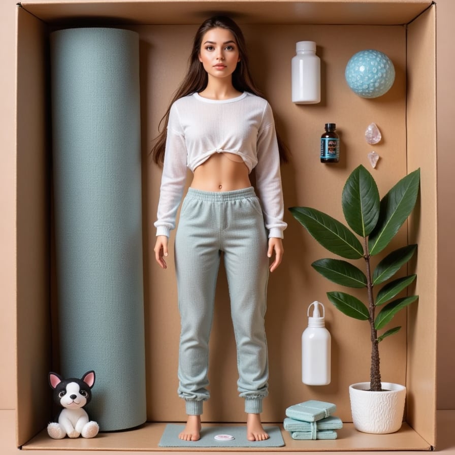 A serene female action figure in activewear, standing tall inside toy packaging with a yoga mat, essential oils, crystals, a leafy plant, and a water bottle around her. Label: THE WELLNESS GURU.

