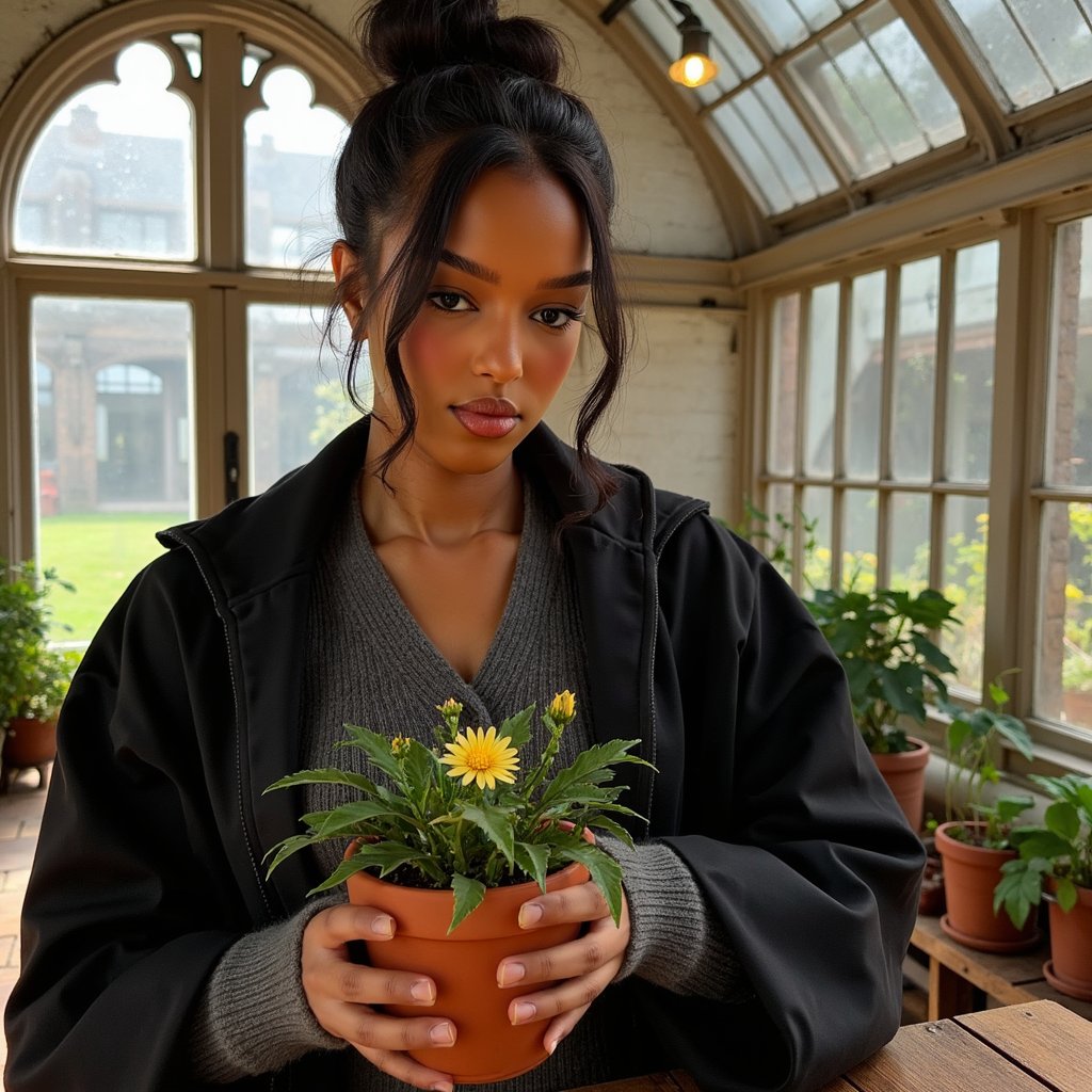 Highly realistic HDR close-up of a 16-year-old female Hogwarts student with warm tan skin, slightly flushed cheeks, and bright green eyes fixed intently on a magical flowering plant. Hair in a messy bun with loose curls framing temples, a few strands clinging from humidity. Wearing a dark robe with rolled sleeves, revealing rib-knit gray wool arm warmers (visible texture pattern). Pose: bent forward slightly at the waist, both hands gently cupping the terracotta pot containing the plant, elbows resting lightly on a wood table. Camera: Canon 5D Mark IV, 85mm f/2 lens, aperture f/2, camera at plant height for eye-to-eye subject focus. Lighting: warm diffused sunlight (4200K) streaming through greenhouse glass panes, soft fill from light bouncing off whitewashed walls, faint highlights catching moisture droplets on leaves. Background: blurred rows of potted plants and glass panes streaked with condensation, no sharp edges to distract.