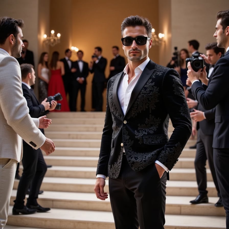 A dark romantic look for a man at the Met Gala: black lace blazer, cascading train, silver nail rings, and a gothic rose mask under flashing cameras