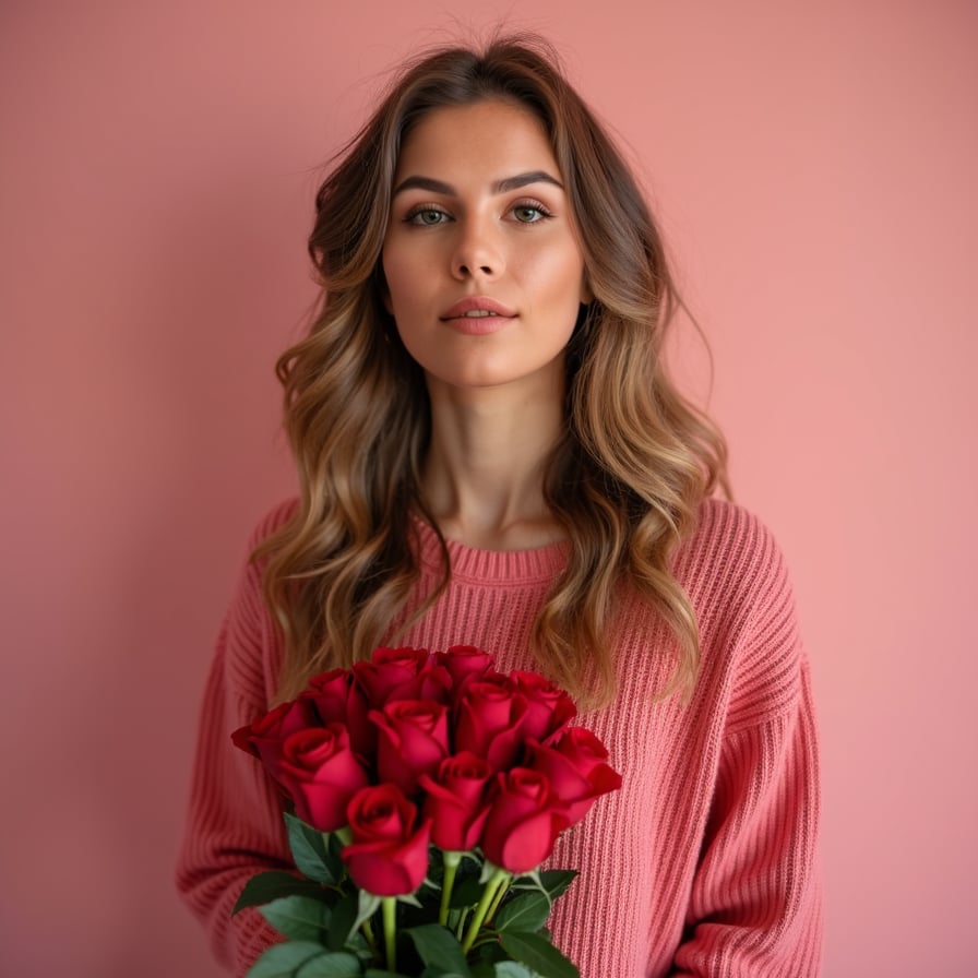 You hold a delicate bouquet of red roses, your smile radiating joy and excitement as you prepare to give it to the one you love