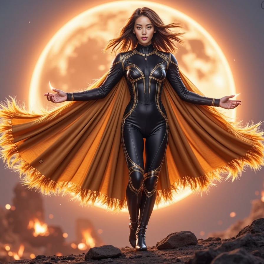 Queen-like female Avenger with regal tech-suit, radiant cape flowing in solar winds, floating mid-air with hands glowing, planetary battlefield behind, dynamic lighting, hyperrealistic render