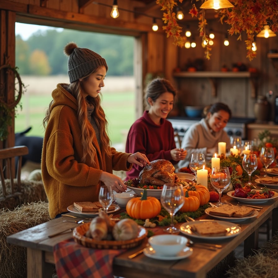 A rustic table set up in a barn or farm field, with hay bales as seats, farm animals wandering around, and a family enjoying a farm-to-table feast surrounded by autumn colors and pumpkins.
