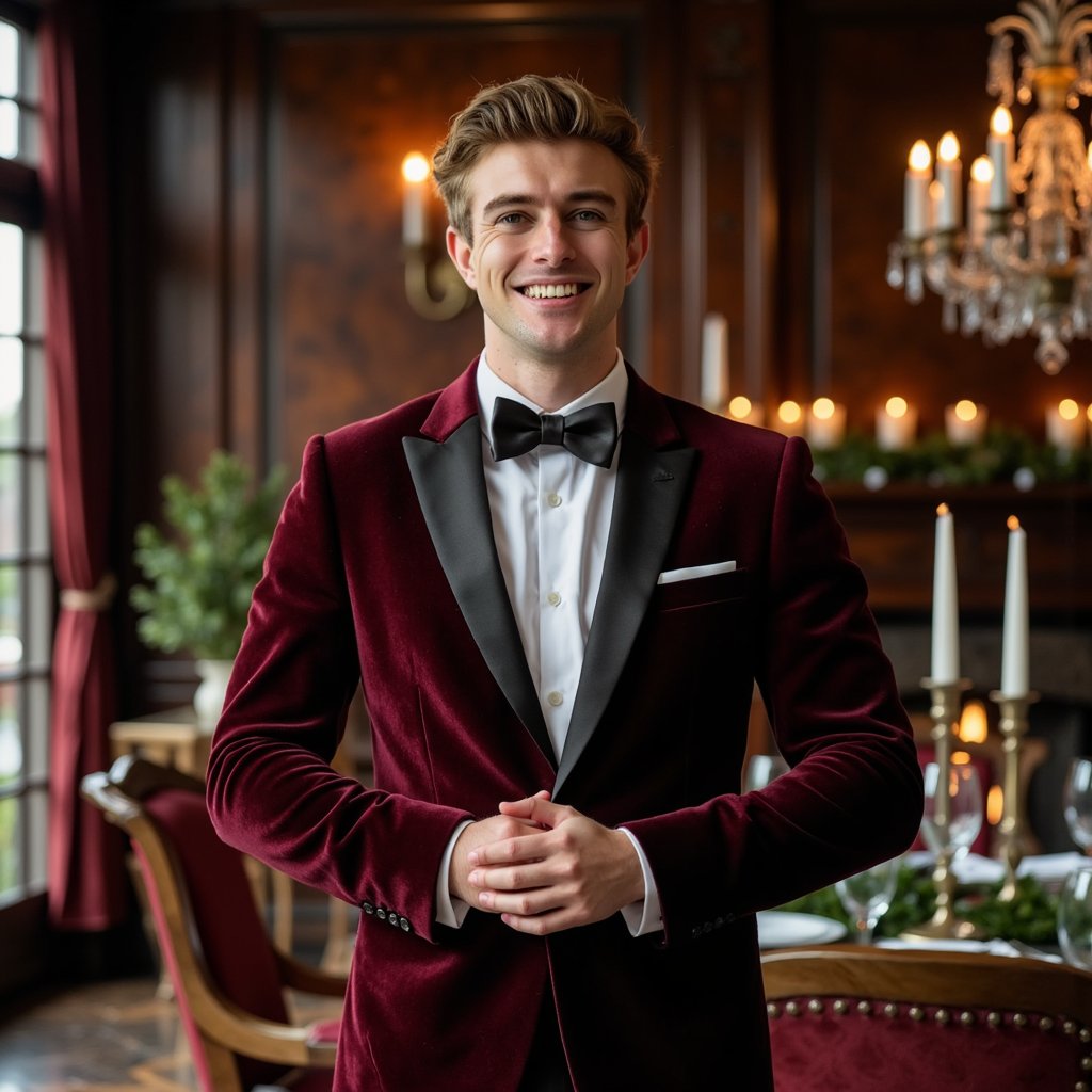 Man standing in an elegant dining room with candelabra and dark wood accents. Hairstyle: combed back with side part, clean shave. Attire: deep burgundy velvet dinner jacket, black satin bow tie, white pocket square. Fabric details: plush velvet nap, satin sheen, fine cotton weave. Camera: slightly above eye level, 85mm, f/1.8. Lighting: candlelight key + faint wall sconce fill; warm and cinematic. Background: blurred candelabra glow, dark mahogany wall paneling, subtle table settings. Pose: hands lightly folded at front, gentle half-smile. Render: highly detailed, highly realistic, HDR; fine facial hair texture, candle reflections on fabric.