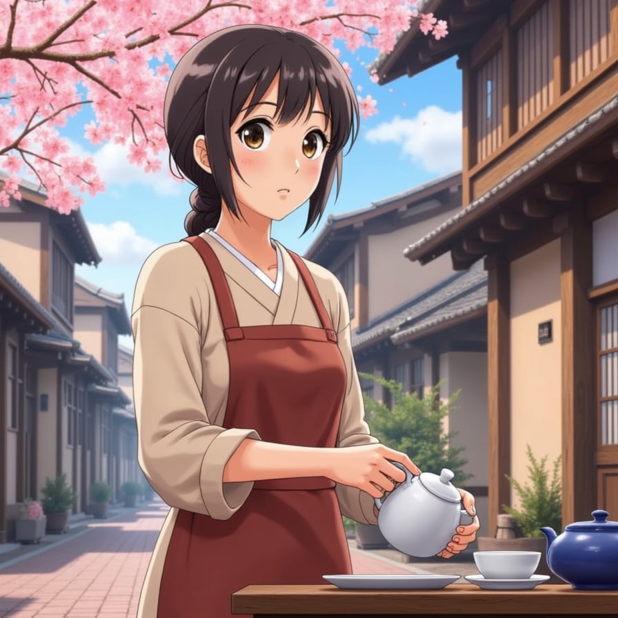 A kind yet wistful woman in her late twenties, wearing a cozy apron over a traditional dress. She pours tea in a quiet, nostalgic town where cherry blossoms drift through the air, capturing the warmth and gentle melancholy of a Studio Ghibli setting